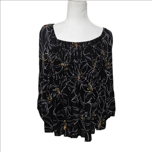 DR2 Babydoll Smocked Blouse Black Floral Print Loosefit Flowy Womens XL